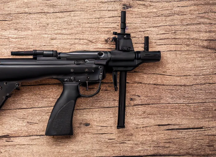 Image similar to Dark-toned product photos, medium shot, new submachine-gun, 4K, Vintage