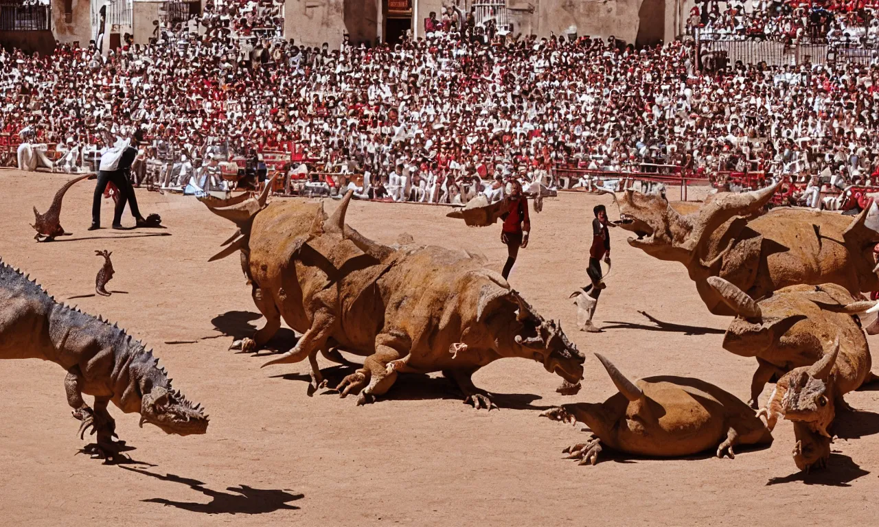 Image similar to a toreador facing off against a horned dinosaur in the plaza de toros, madrid. extreme long shot, midday sun, kodachrome