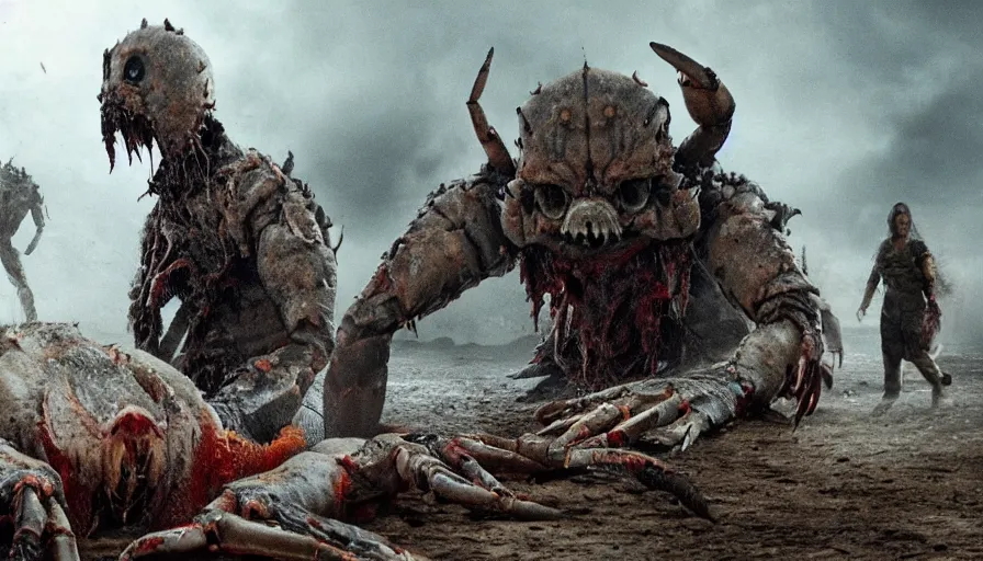 Image similar to big budget horror movie about giant mutant crabs bloodily rips off a soldier's head.