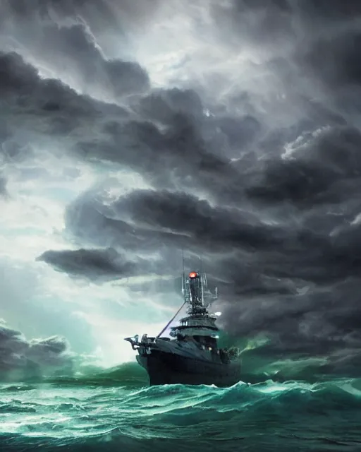 Image similar to a fishing boat on stormy seas, a gigantic star destroyer spaceship with glowing green lights flying overhead, ready to fire, the gigantic star destroyer spaceship is emerging from storm clouds, sunset lighting, stormy weather, dramatic lighting, unreal engine, hyper realism, realistic shading, cinematic composition, realistic render, octane render, detailed textures, photorealistic, ultrawide shot, 1 6 mm lens