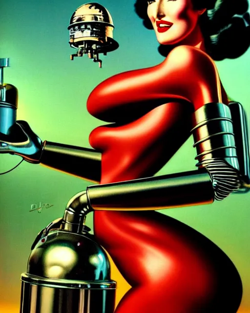 Image similar to closeup beautiful retro space dita von teese posing with a chrome robot in diesel punk city at night, pinup, windblown dark hair, seductive, hyper detailed, digital art, smooth, sharp focus, luis royo, gil elvgren, alberto vargas, 1 9 5 0, when mars attacks