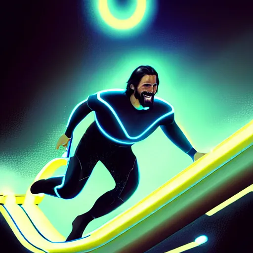Image similar to tron legacy jesus riding waterslide, face closeup, laughing, diffuse lighting, hyper realistic, concept art, intricate, hyper detailed, smooth, sharp focus, illustration, trending on artstation, art by greg rutkowski and james gurney and alphonse mucha