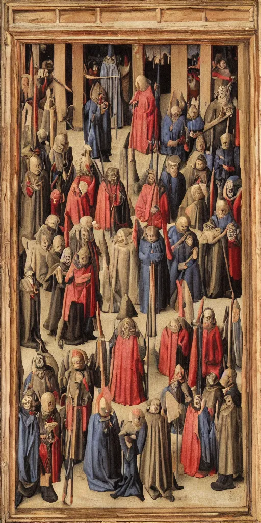 Image similar to a solemn congregation of all of the devils in hell, painted by jean fouquet