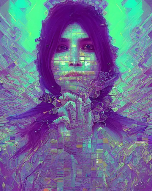 Image similar to glitch art close up portrait vampire, glitches, vaporwave, highly detailed, very intricate, art nouveau pixelated, neon glitch, chromatic aberration, harsh lighting, award - winning, concept art illustration by mandy jurgens and alphonse mucha and alena aenami, glitch color palette, featured on artstation