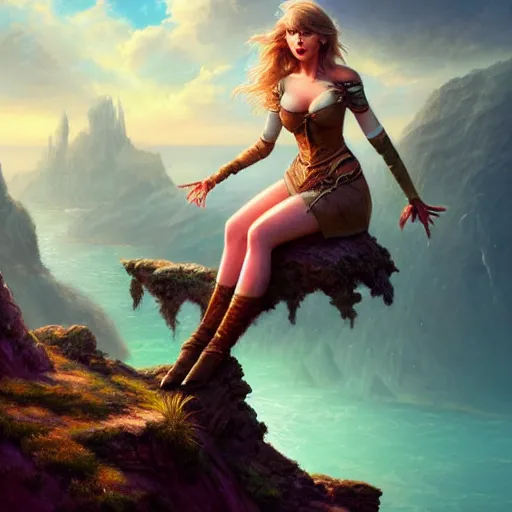 Image similar to alluring illustration taylor swift, sitting on the edge of a cliff, clothed in a chesty fantasy outfit, portrait shot, 8k resolution matte fantasy painting, cinematic lighting, DeviantArt, Artstation, Jason Felix Steve Argyle Tyler Jacobson Peter Mohrbacher