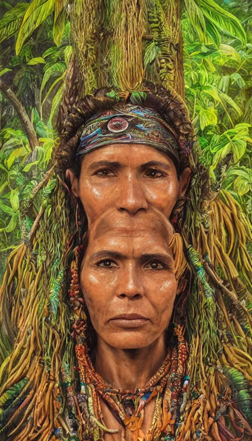 Image similar to a beautiful portrait of an amazonian shaman healer sitting in the jungle, doing a prayer, ayahuasca, high detail painting, fantasy art, highly detailed, realistic face