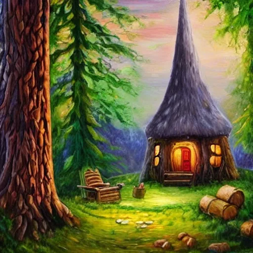 Prompt: elf magical forest wood cabin with a chimney, oil painting