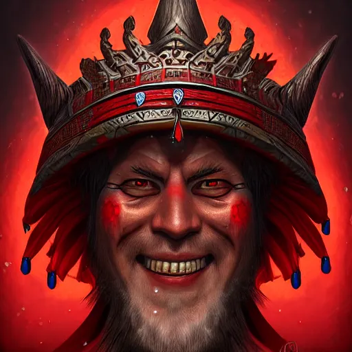 Image similar to DnD portrait of a shaman lord, wearing a red crown, red eyes, smiling viciously, holding intricately carved wooden staff, 4k, highly detailed, inspiring digital painting, trending on artstation