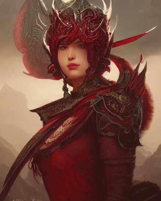 Image similar to Portrait of a Fantasy crimson knight, moonlit, HD, illustration, epic, D&D, fantasy, intricate, elegant, highly detailed, digital painting, artstation, concept art, smooth, sharp focus, illustration, art by artgerm and greg rutkowski and alphonse mucha, monster hunter illustrations art book