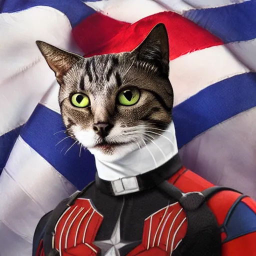 Image similar to cat as american captain, realistic, by marvel