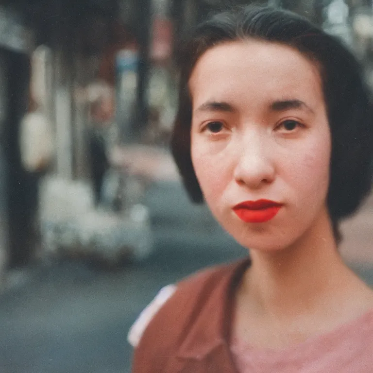 Prompt: medium format colour film close up flash portrait of woman in brooklyn by street photographer, 1 9 6 0 s hasselblad film photography, featured on unsplash, soft light photographed on vintage film