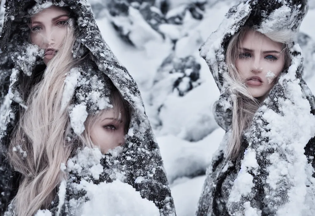 Image similar to fashion editorial in snow avalanche. highly detailed. depth of field. high definition. 8k. photography.
