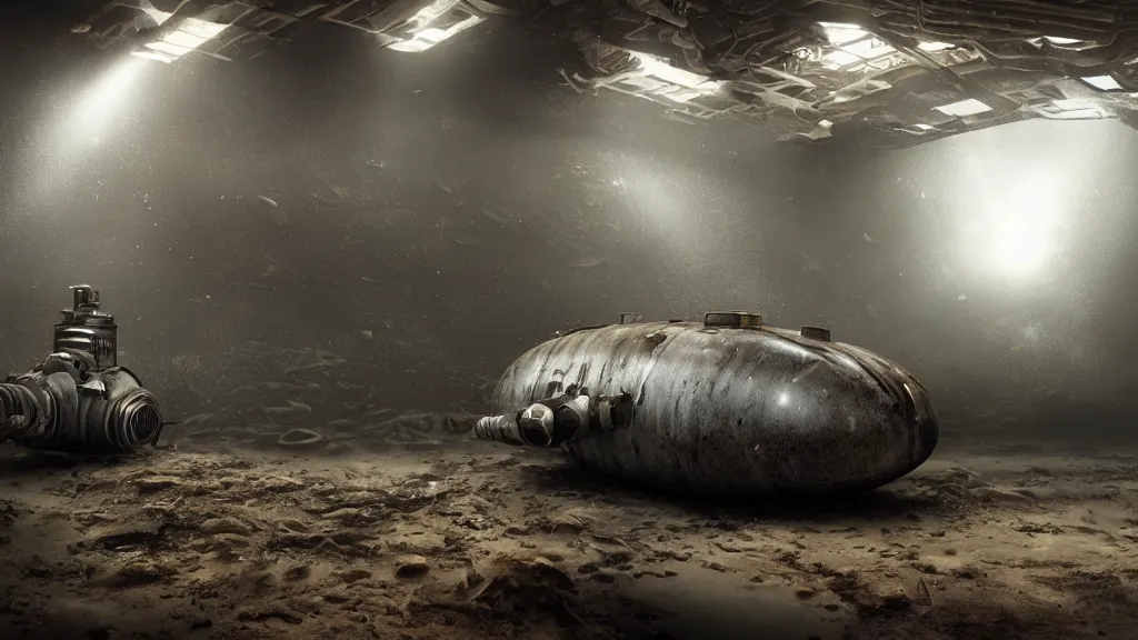 Prompt: a photorealistic dramatic hyperrealistic underwater render of an deep sea submersible, ultra realistic details, glossy surface, well worn, rust, oil stains designed by vitaly bulgarov and mike nash, beautiful dramatic dark moody tones and lighting, cinematic atmosphere, global illumination, shadows, dark background, octane render, 8 k