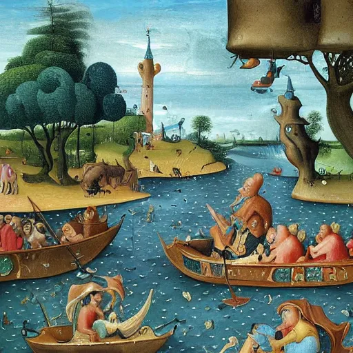 Image similar to An intricate, extremely detailed painting in a style of Hieronim Bosch featuring a river in Europe, surrounded by trees and fields. A dinghy is slowly moving through the water. Sun is shining.