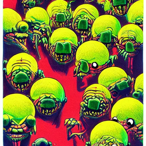 Prompt: an army of differnt tennis ball monsters, colorful, digital art, fantasy, magic, chalk, trending on artstation, ultra detailed, professional illustration by basil gogos