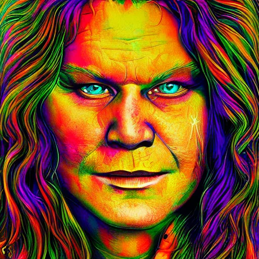 Prompt: An extremely psychedelic portrait of Janis Joplin, surreal, LSD, face, detailed, intricate, elegant, lithe, highly detailed, digital painting, artstation, concept art, smooth, sharp focus, illustration