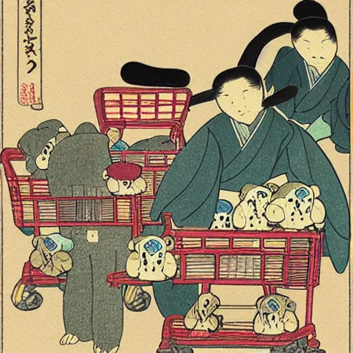 Prompt: Teddy bears shopping for groceries in the style of ukiyo-e