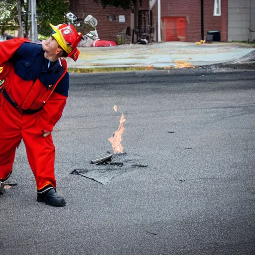 Image similar to a clown wearing firefighter clothes, using a flamethrower on a dumpster fire