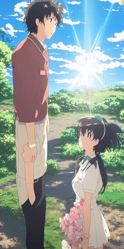 Image similar to a man and a woman holding hands under a beautiful sun drawn like the anime Your Name anime,