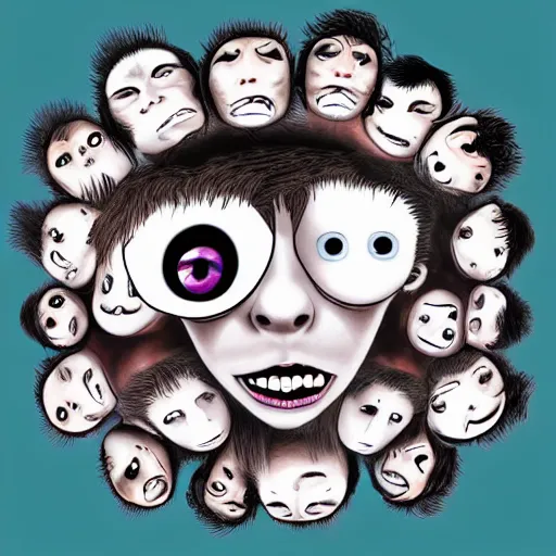 Prompt: a group of people with creepy faces and mouths, an album cover by arent arentsz, featured on deviantart, computer art, grotesque, fisheye lens, creepypasta