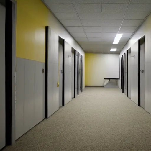 Image similar to Backrooms, old moist carpet, mono-yellow, fluorescent lights, randomly segmented rooms, eerie