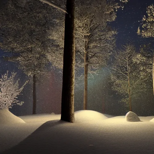 Image similar to landscape, dramatic lighting, octane render, volumetric lighting, artbreeder, snowy rainbow woods at night