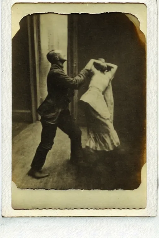 Image similar to man breaking into pieces while a woman tries to hold the fallen parts, surreal, 1 9 1 0 polaroid photo