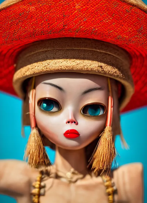 Image similar to closeup portrait of tin toy girl, rice hat, vietnam bikini, depth of field, zeiss lens, detailed, symmetrical, centered, fashion photoshoot, by nicoletta ceccoli, mark ryden, lostfish, breathtaking, 8 k resolution, extremely detailed, beautiful, establishing shot, artistic, hyperrealistic, octane render