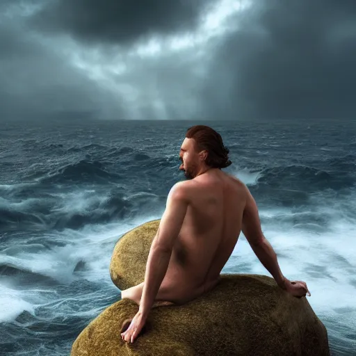 Image similar to Tom Hiddlestone as a beautiful mermaid sitting on a rock in the middle of a stormy ocean, watching the seagulls flying above him, hyperrealistic, hyperdetailed, depth of field, High definition, 8k, octane render, artstation