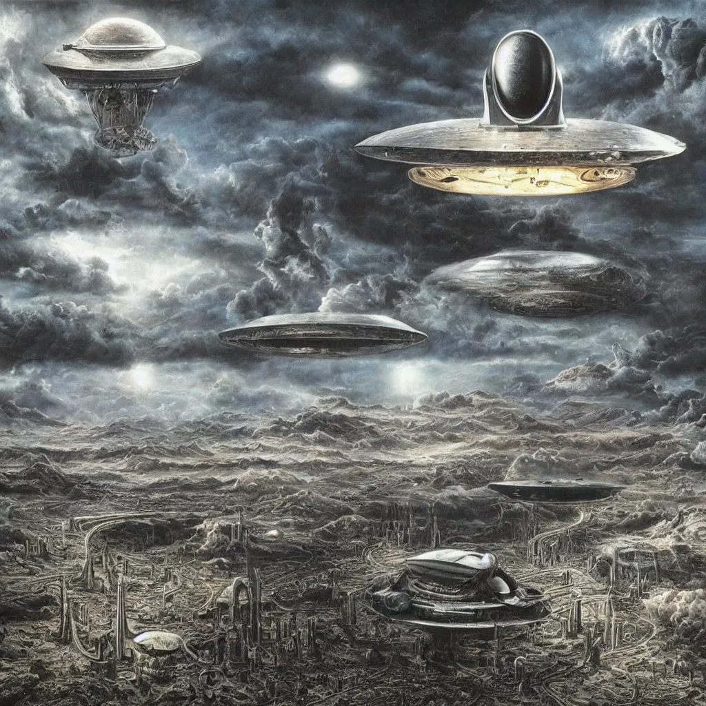 Prompt: ufo landing at the most interesting place in the universe, hyper realistic detailed by Bob Ross and H.R. Giger