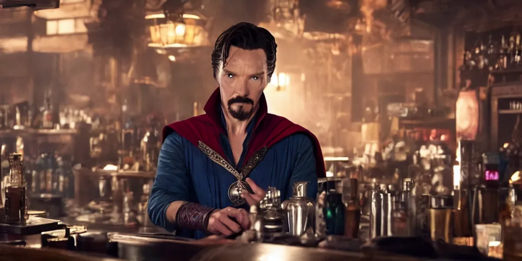 Prompt: film still of Singular Doctor Strange working as a bartender in the new Avengers movie, 4k