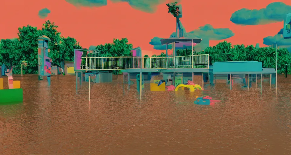 Image similar to 80s VHS vaporwave outrun 3d Render of a flooded german playground, liminal space retro, grainy, noisy