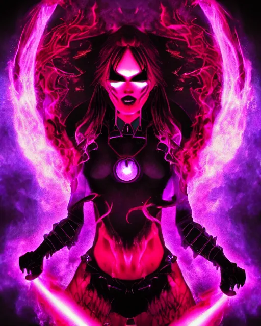 Image similar to pyromancer devil girl cover in purple death flames, deep pyro colors, purple laser lighting, award winning photograph, radiant flares, intricate, various refining methods, micro macro autofocus, evil realm magic painting vibes