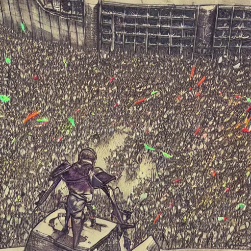 Prompt: one hero with sword looking at army of swordsmen in the background by yoji shinkawa, in the middle of an arena, crowd of people, pencil art, added detail, high definiton, colored, aerial view