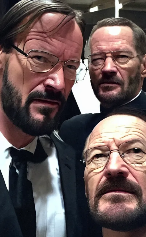 Image similar to img _ 1 4 2 4. jpg. walter white and john wick selfie. candid, looking at camera, snapchat, instagram, hashtags, accidental selfie, front camera, tiktok, popular, realistic, real life