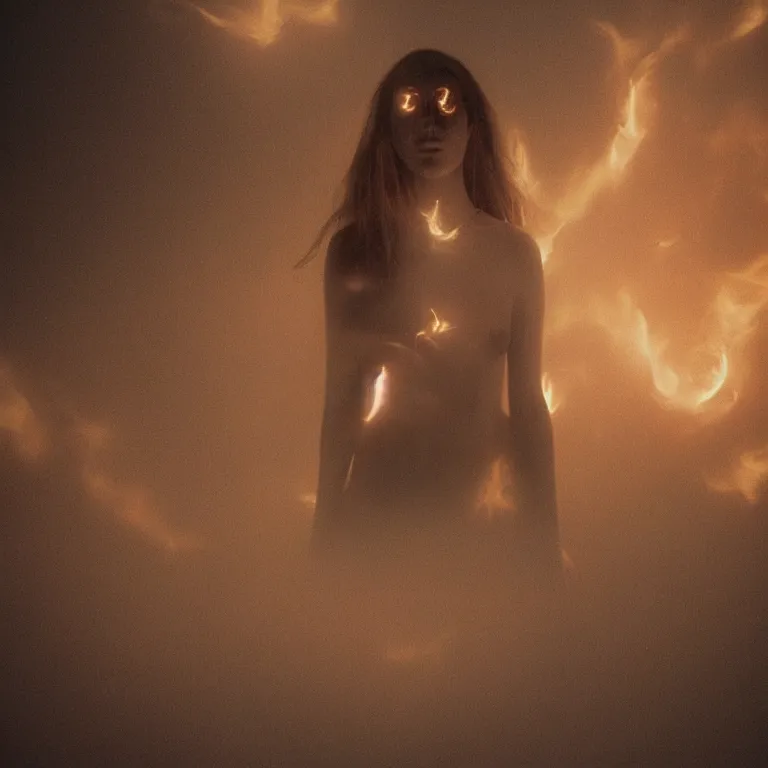 Image similar to The full body shot of beautiful pale woman with many eyes flowers and full-face golden mask inside a thick black smoke in rocky desert landscape, glowing eyes, falling star on the horizon, burning earth by Gaspar Noe and Christopher Doyle, anamorphic lens, anamorphic lens flares, kodakchrome, cinematic composition, practical effects, award winning photo, 8k