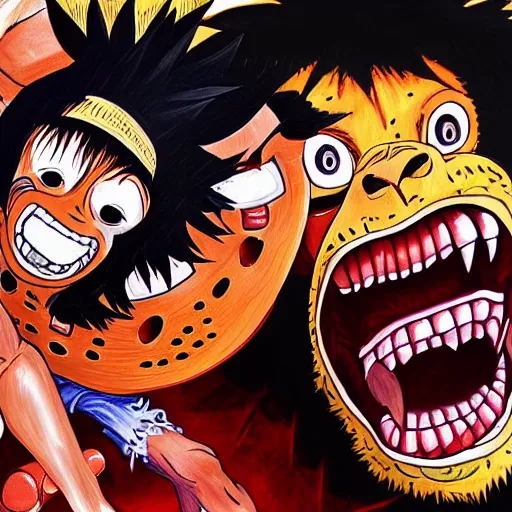 Prompt: highly detailed painting of Monkey D. luffy fighting Kaido, gruesome, scary, sci-fi, hyper realistic