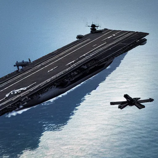 Prompt: promotional movie still, birds - eye view, a usa aircraft carrier in the ocean. in the distance a tie fighter ( star wars ) comes in for a landing. octane 3 d render, ue 5, realism, cinematic, imax 7 0 mm.