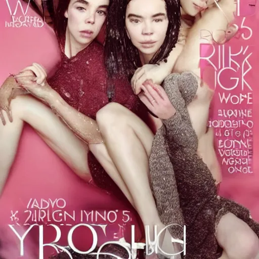 Image similar to stunning vogue magazine photo of dark - haired goddesses vanessa kirby, hailee steinfeld, and bjork smiling, legs intertwined, in a bubble bath, with wet faces!!, wet lips, smooth skin, perfect eyes, insanely detailed, elegant, by wlop, rutkowski, livia prima, mucha, wlop,