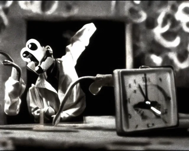 Image similar to still from a 1 9 9 3 surreal creepy live - action stop - motion puppetry film by fred stuhr in the style of a tool music - video, involving prison and clocks.