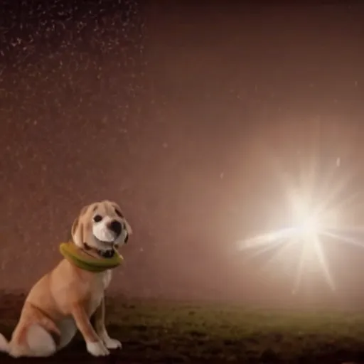 Prompt: movie still of a dog owner getting beamed aboard ( abducted ) by an alien ufo