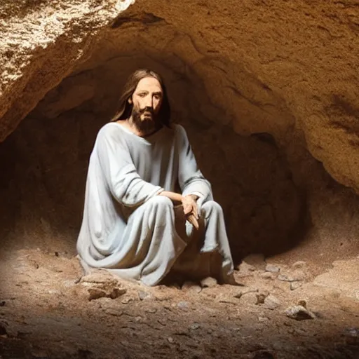 Image similar to sad jesus sits on a entrance from a cave