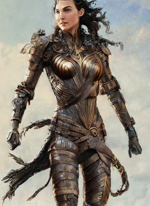 Image similar to highly detailed steampunk armor on gal gadot who is standing on a rock : leonardo da vinci, greg rutkowski, magali villeneuve