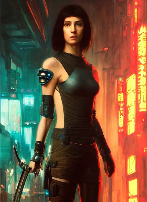 Image similar to Cyberpunk swordswoman in futuristic clothes (blade runner 2049, cyberpunk 2077). Orientalist portrait by john william waterhouse and James Gurney and Theodore Ralli and Nasreddine Dinet, oil on canvas. Cinematic, hyper realism, realistic proportions, dramatic lighting, high detail 4k