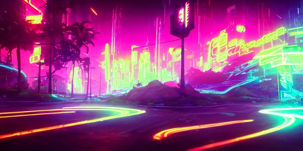 Image similar to beautiful background is surrounded by epic neon glitch effect with music notes digital art dynamic dramatic lighting, soft lighting, imagine fx, artstation, cgsociety, by Bandai Namco artist the style of deduoze,WLOP, artgerm, yasutomo oka, rendered in unreal engine and redshift octane ,instagram, zbrush central, neon vibe landscape