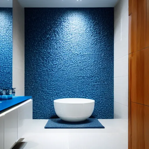 Image similar to a futuristic bathroom with walls and floor made of blue granite tiles. There is a small swimming pool on the floor.