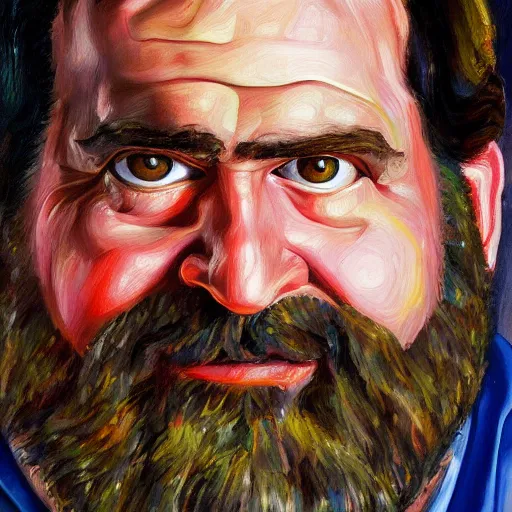 Image similar to uhd photorealisitc high quality high detail painting by lucian freud, exaggerated portrait of billy mays as the devil, studio lighting