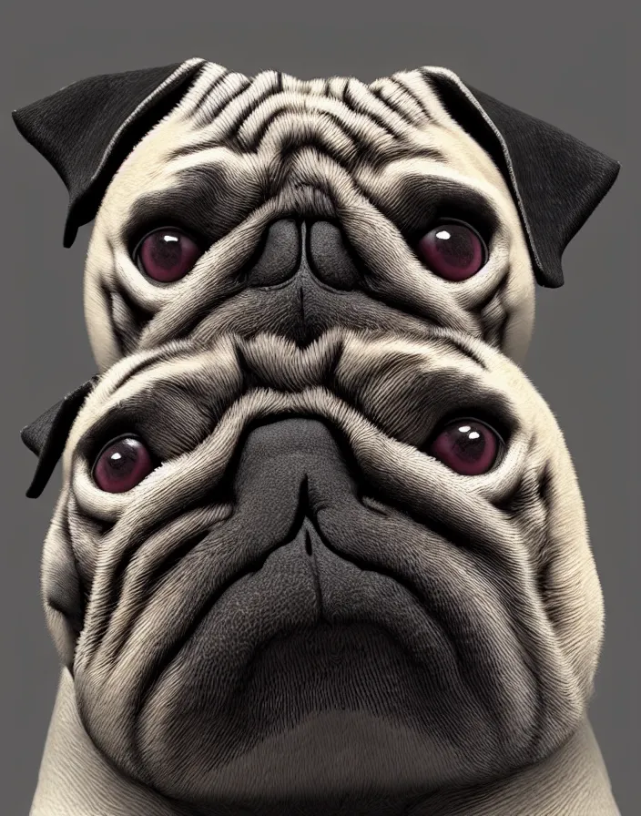 Image similar to a pug face mixed with Boris the animal mask, intricate artwork by artstation. octane render, cinematic, hyper realism, 8k, depth of field.