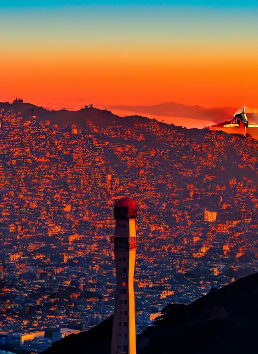 Image similar to sutro tower in san francisco, sunset, radio antenna, twin peaks, photorealistic, 8 k