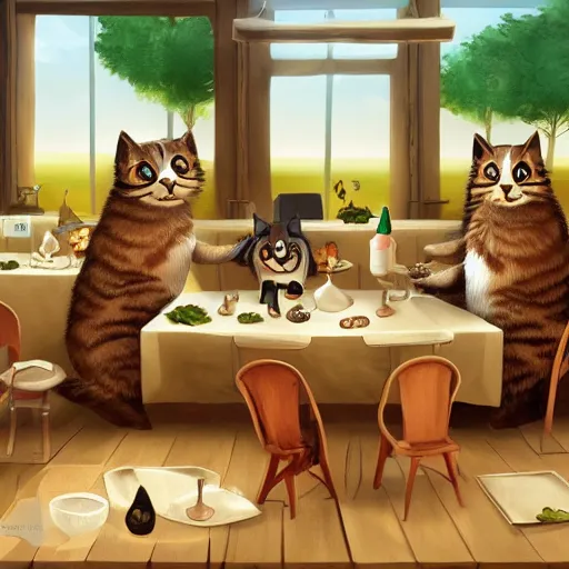 Image similar to cat restaurant, in da vinci style, trending on artstation